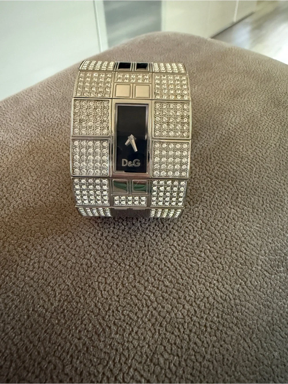 D&G Silver Crystal Pavé Bangle Watch with Black Dial